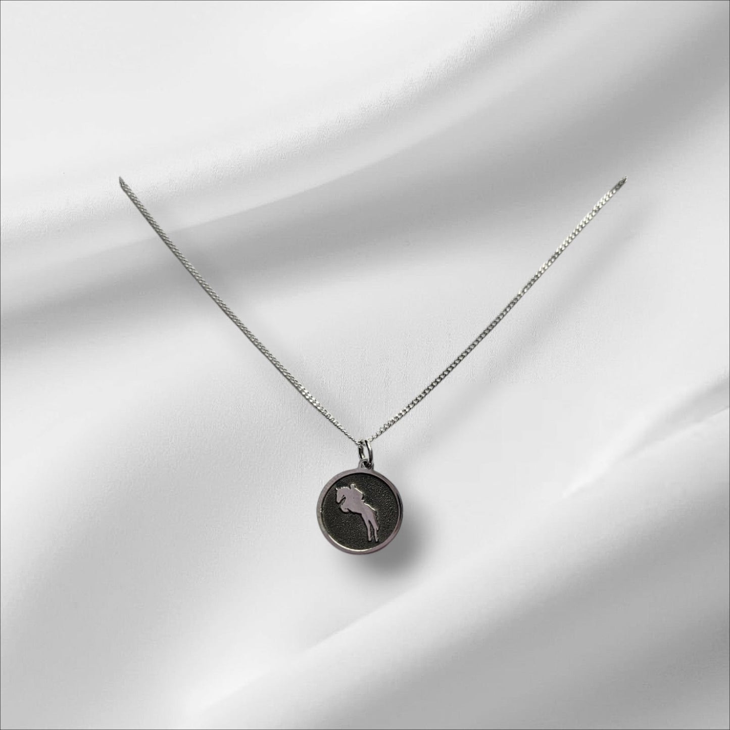 Argentium Silver Round Pendant with Jumping Horse Embosse and Sterling Silver Chain