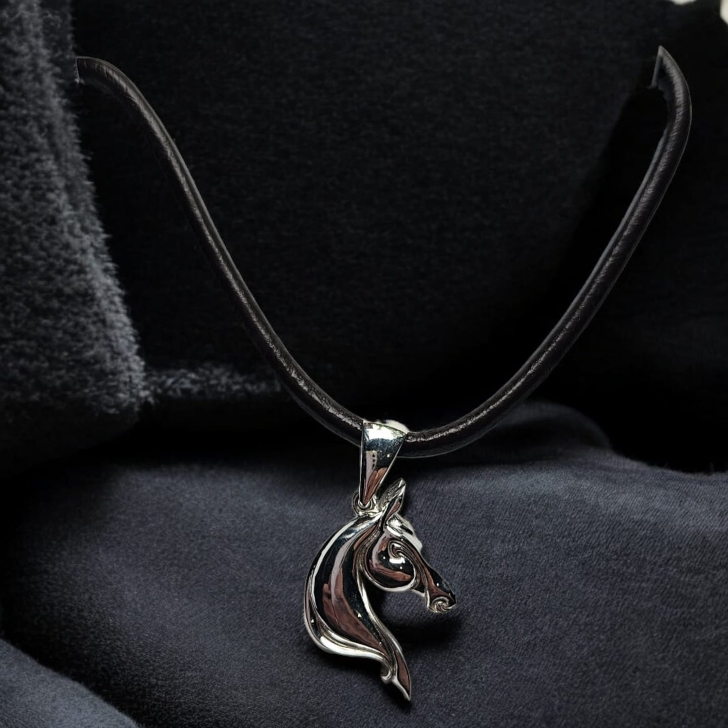 Large Solid Argentium Silver Cast Horse Head Pendant on Leather Necklace