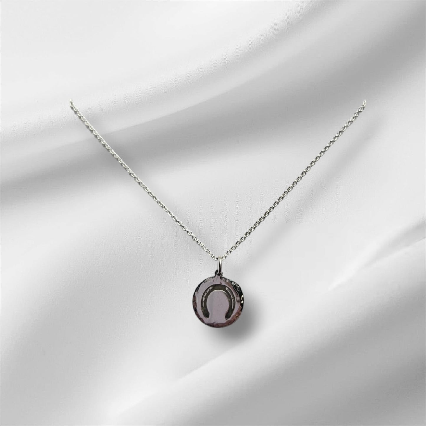 Argentium Silver Hammered Round Disk Pendant with Horseshoe Engraved and Sterling Silver Chain