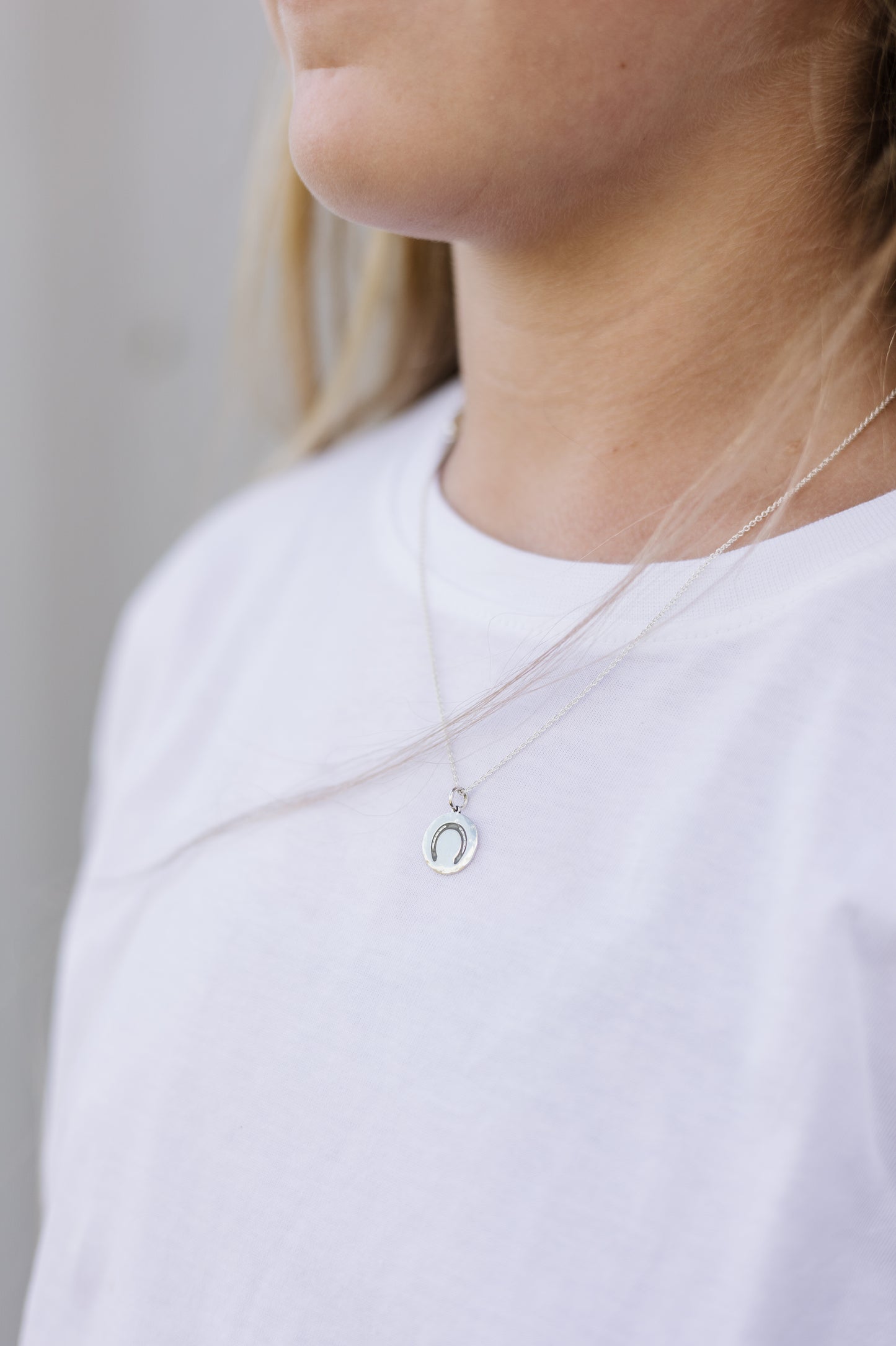 Argentium Silver Hammered Round Disk Pendant with Horseshoe Engraved and Sterling Silver Chain