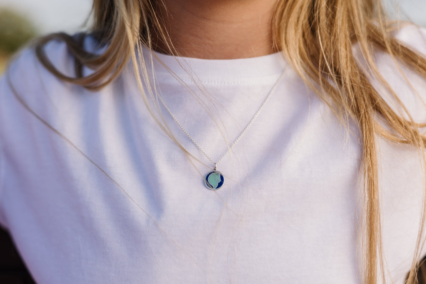 Argentium Silver Disk Pendant with Horse Head Detail and Navy & Turquoise Enamel on Sterling Silver Chain