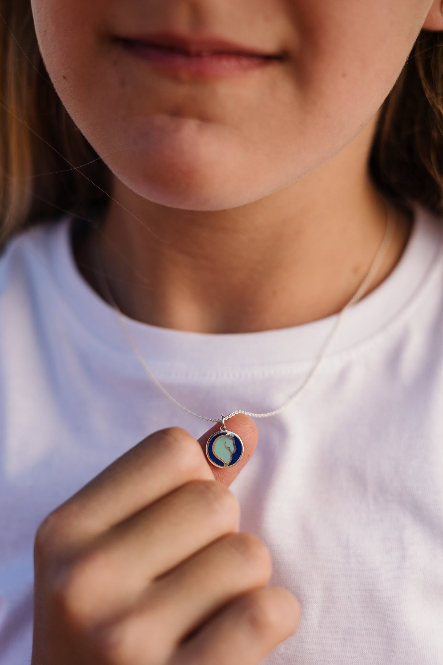 Argentium Silver Disk Pendant with Horse Head Detail and Navy & Turquoise Enamel on Sterling Silver Chain