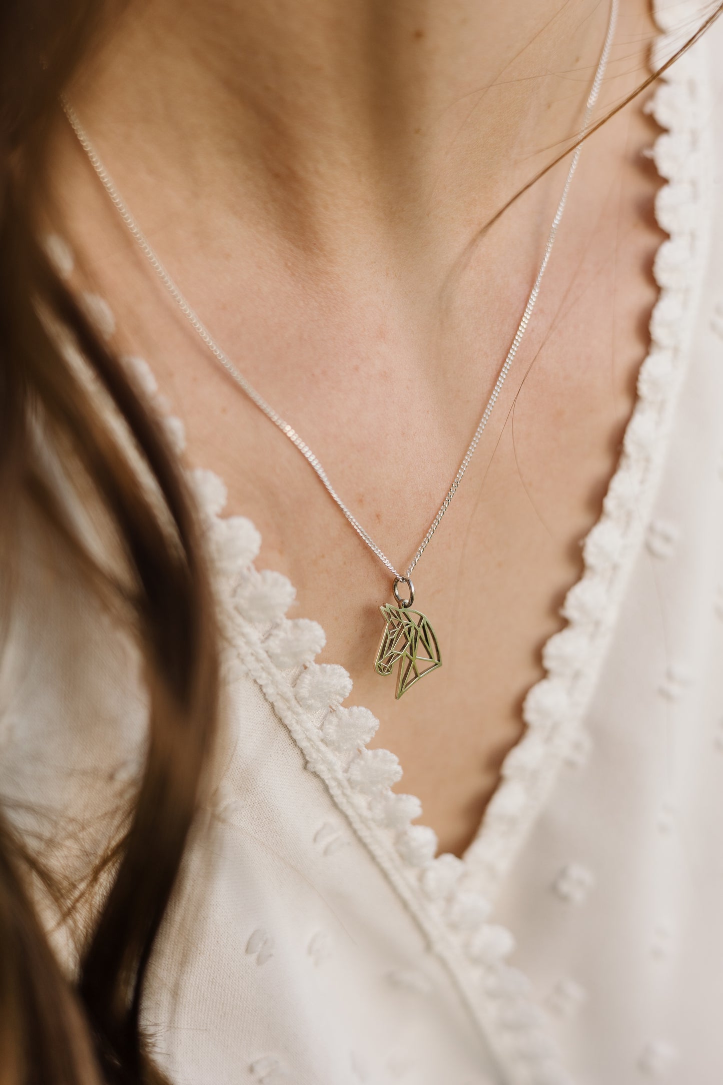 Argentium Silver Geometric Horse Head Pendant with Sterling Silver Chain