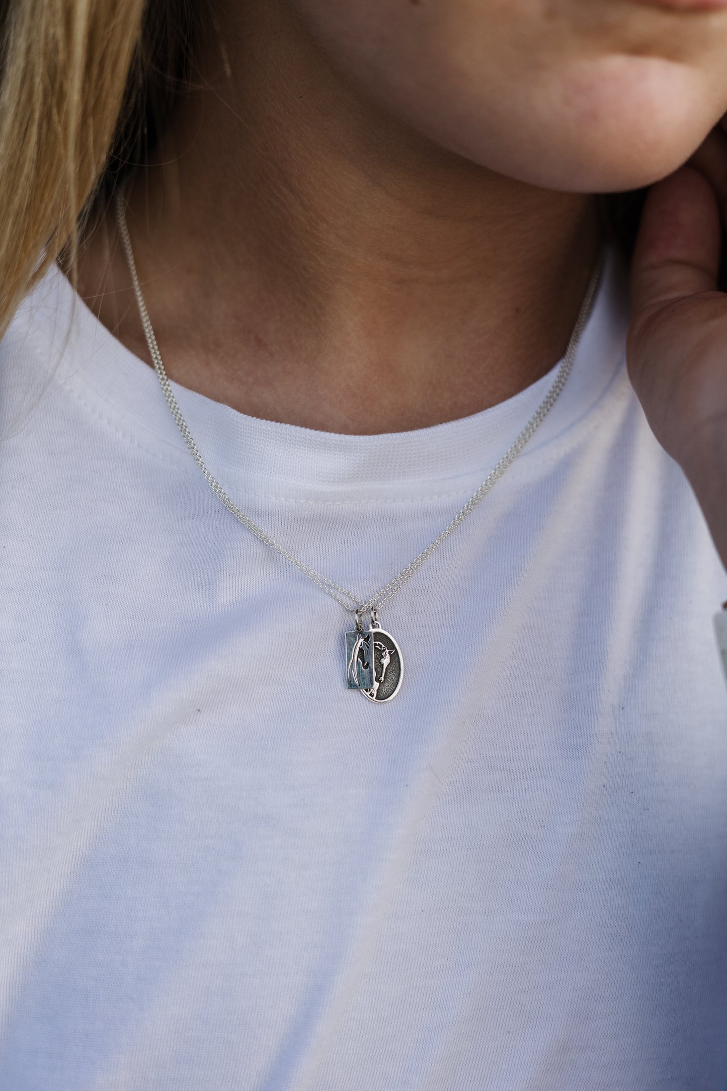 Argentium Silver Oval Pendant with Embossed Horse and Sterling Silver Chain