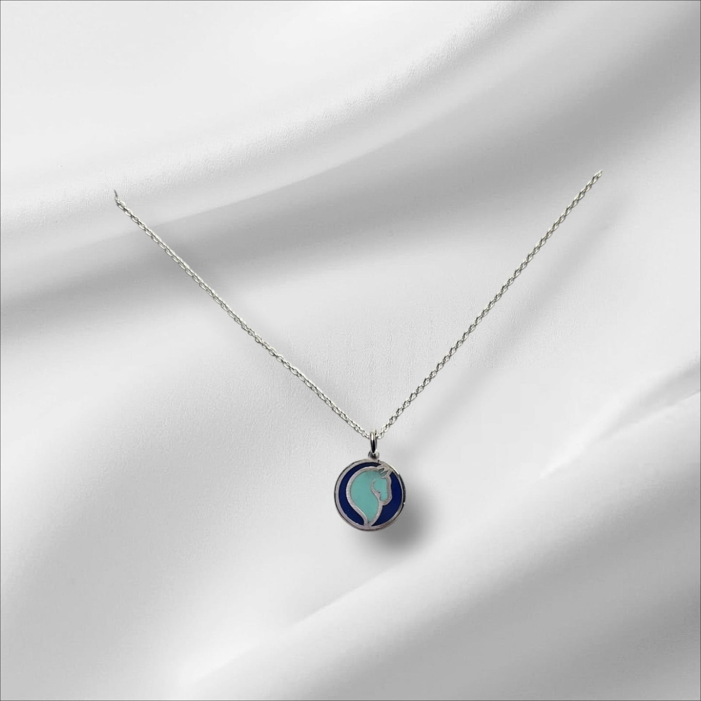 Argentium Silver Disk Pendant with Horse Head Detail and Navy & Turquoise Enamel on Sterling  Silver Chain