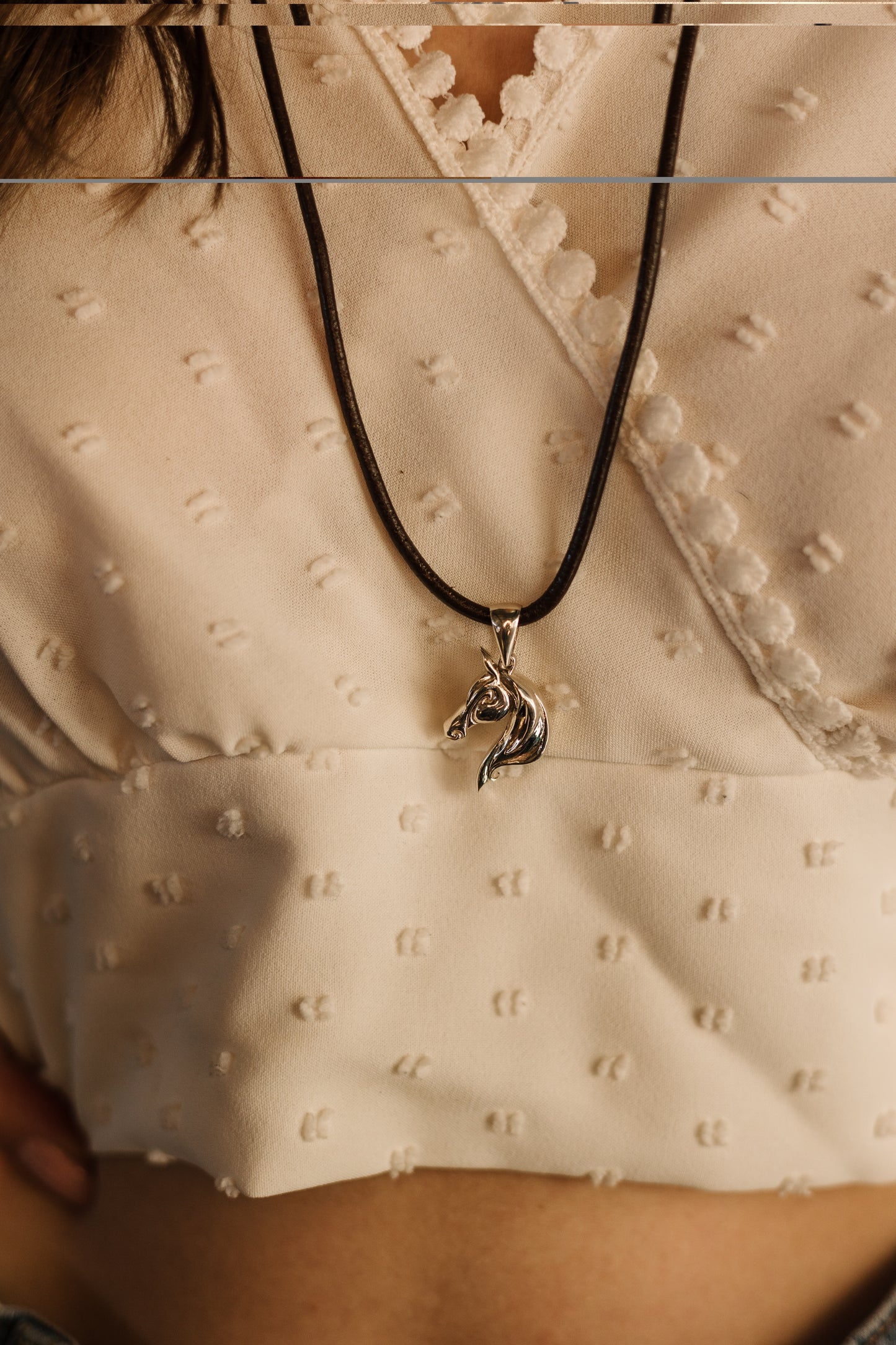 Large Solid Argentium Silver Cast Horse Head Pendant on Leather Necklace